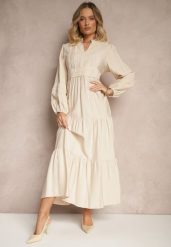 Jasnobeżowa Rozkloszowana Sukienka z Wiskozy w Stylu Boho z Koronką i Gumką Gonalien. Brązowe sukienki damskie Renee, bez wzorów, z koronki, boho, bez ramiączek. W wyprzedaży za 111.99 zł.