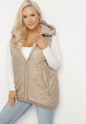 Ciemnobeżowa Kamizelka Pikowana z Kapturem i Ściągaczami Kolavira. Brązowe kamizelki damskie Born2be, plus size, bez wzorów, z jeansu, z kapturem. Za 159.99 zł.