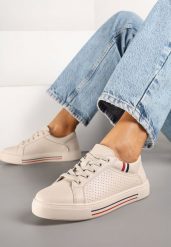 Beżowe Płaskie Sneakersy ze Skóry Naturalnej ze Skórzaną Wkładką Ozdobione Perforacją Zelili. Brązowe obuwie sportowe damskie Born2be, na lato, z jeansu, bez zapięcia. Za 169.99 zł.