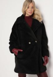 Czarny Długi Płaszcz Futerko Dwurzędowe w Stylu Teddy Malwirae. Czarne płaszcze damskie Born2be, l, bez wzorów, z futra, bez kaptura. Za 169.99 zł.