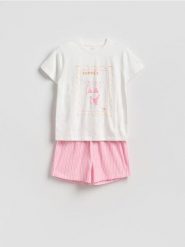 Bawełniana piżama z nadrukiem - różowy. Czerwone piżamy damskie Reserved, bez wzorów, z bawełny, bez ramiączek. Za 79.99 zł.