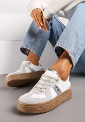 Szaro--Srebrne Sneakersy na Grubej Podeszwie z Ozdobnymi Przeszyciami Ysdole. Białe obuwie sportowe damskie Renee, z materiału, bez zapięcia. Za 79.99 zł.