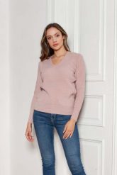 Sweter w Serek z Dzianiny w Prążek - Różowy. Czerwone swetry klasyczne damskie Lanti, l, z dzianiny, bez kołnierzyka. Za 229.90 zł.