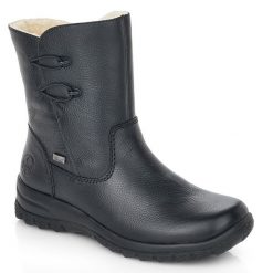 Wodoodporne skórzane botki damskie komfortowe czarne Rieker Z7172-00. Czarne botki damskie Rieker, ze skóry, bez obcasa, bez zapięcia. Za 399.00 zł.
