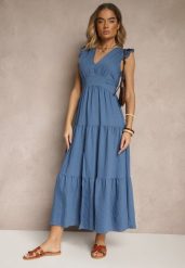 Niebieska Sukienka z Wiskozy Ozdobiona Falbankami Sadovene. Niebieskie sukienki damskie Renee, bez wzorów, z wiskozy, eleganckie, bez ramiączek. W wyprzedaży za 63.99 zł.