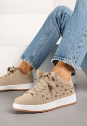 Ciemnobeżowe Sneakersy z Ozdobnymi Nitami Feloriela. Brązowe obuwie sportowe damskie Renee, z jeansu, bez zapięcia. Za 89.99 zł.