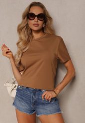 Brązowa Klasyczna Gładka Koszulka z Bawełny Detima. Brązowe bluzki damskie Renee, xl, bez wzorów, z bawełny, bez kołnierzyka, bez ramiączek. Za 34.99 zł.