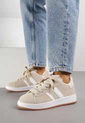 Beżowo-Białe Sneakersy z Ozdobnymi Naszywkami z Boku Galdexis. Brązowe obuwie sportowe damskie Born2be, bez zapięcia, trekkingowe. Za 89.99 zł.