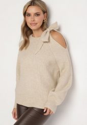 Beżowy Sweter Ozdobiony Kokardą i Wycięciem Noredi. Brązowe swetry klasyczne damskie Born2be, na zimę, z jeansu, bez kołnierzyka. Za 119.99 zł.