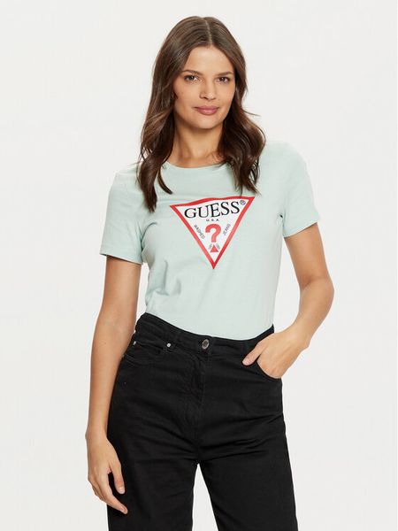Guess T-Shirt W1YI1B I3Z14 Zielony Slim Fit. Zielone t-shirty damskie Guess, xs, z aplikacjami, z bawełny, bez kołnierzyka. Za 79.99 zł.