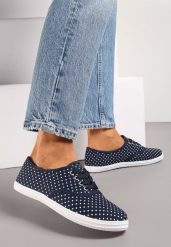 Granatowe Sznurowane Tenisówki na Płaskiej Podeszwie z Materiału w Kropki Harnisa. Niebieskie obuwie sportowe damskie Renee, bez zapięcia, tenisowe. Za 39.99 zł.