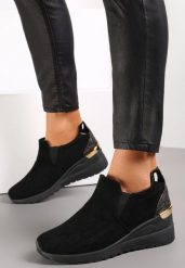 Czarne Sneakersy na Koturnie z Brokatową Wstawką Kilmi. Czarne obuwie sportowe damskie Renee, ze skóry, bez zapięcia. Za 59.99 zł.