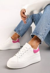 Biało-Fuksjowe Sneakersy na Grubej Podeszwie Yarna. Białe obuwie sportowe damskie Renee, bez zapięcia. Za 59.99 zł.