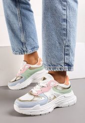 Biało-Niebieskie Sneakersy z Modnymi Wstawkami i Tłoczoną Podeszwą Tayris. Białe obuwie sportowe damskie Born2be, bez zapięcia. Za 99.99 zł.