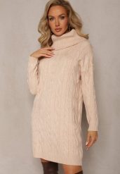 Beżowa Mini Sukienka ze Sweterkowej Dzianiny z Szerokim Golfem i Ściągaczami Jilenma. Brązowe sukienki damskie Renee, bez wzorów, z dzianiny, bez ramiączek. W wyprzedaży za 83.99 zł.