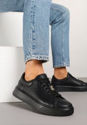 Czarne Sneakersy Skórzane z Metaliczną Aplikacją i Perforacją Xalzeki. Czarne obuwie sportowe damskie Renee, z jeansu, bez zapięcia. Za 179.99 zł.