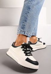 Biało-Czarne Skórzane Sneakersy na Platformie z Szerokim Sznurowaniem Wicca. Białe obuwie sportowe damskie Born2be, z jeansu, bez zapięcia. Za 189.99 zł.