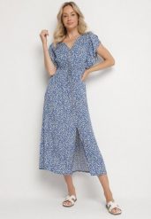 Niebieska Bawełniana Sukienka z Gumką w Talii w Drobne Kwiatki Nulinea. Niebieskie sukienki damskie Born2be, bez wzorów, z bawełny, eleganckie, bez ramiączek. Za 79.99 zł.