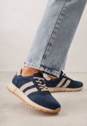 Granatowo-Beżowe Skórzane Sneakersy z Ozdobnymi Paskami Felindda. Niebieskie obuwie sportowe damskie Born2be, z jeansu, bez zapięcia. Za 189.99 zł.