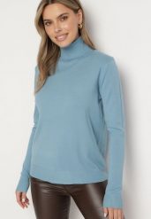 Niebieski Klasyczny Golf z Wełną i Kaszmirem Alessiana. Niebieskie golfy damskie Born2be, l, z aplikacjami, z jeansu, bez ramiączek. Za 49.99 zł.