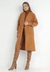 Brązowy Płaszcz Boucle Niezapinany Zopho. Brązowe płaszcze damskie Born2be, s, bez wzorów, z jeansu, bez kaptura. Za 129.99 zł.