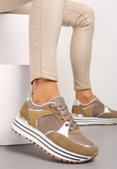 Ciemnobeżowe Sneakersy z Brokatową Dzianinową Wstawką Atobia. Brązowe obuwie sportowe damskie Renee, z dzianiny, bez zapięcia. Za 99.99 zł.