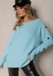 Jasnoniebieski Sweter z Wiskozą i Bawełną Ozdobiony Guzikami Ciavonne. Niebieskie swetry klasyczne damskie Renee, xl, z bawełny, bez kołnierzyka. Za 69.99 zł.