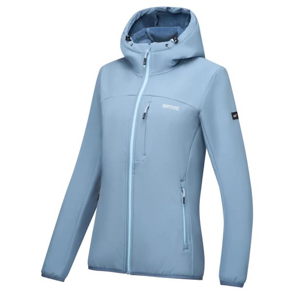 Damska kurtka Ossek Softshell. Niebieskie kurtki damskie Regatta, bez wzorów, z materiału, z kapturem. Za 249.99 zł.