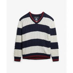 Sweter oversize w prążki z dekoltem V dla kobiet Superdry. Niebieskie swetry klasyczne damskie Superdry, na zimę, bez kołnierzyka. Za 327.70 zł.