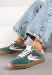Zielone Skórzane Sneakersy Tenisówki z Geometrycznym Wzorem Mirathe. Zielone obuwie sportowe damskie Born2be, bez zapięcia, tenisowe. Za 159.99 zł.