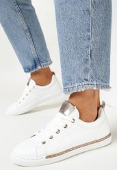 Biało-Szampańskie Sneakersy z Imitacji Skóry Mekeli. Białe obuwie sportowe damskie Born2be, ze skóry, bez zapięcia, tenisowe. Za 54.99 zł.
