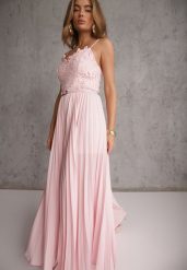 Różowy Elegancki Kombinezon z Paskiem w Talii Ozdobiony Koronką Aerosa. Czerwone sukienki damskie Renee, z aplikacjami, z koronki, eleganckie, bez ramiączek. Za 279.99 zł.