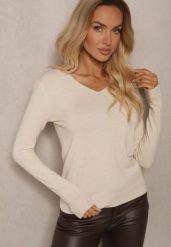 Jasnobeżowy Sweter z Bawełną i Trójkątnym Dekoltem Eulinevia. Brązowe swetry klasyczne damskie Renee, uniwersalny, z bawełny, bez kołnierzyka. Za 34.99 zł.
