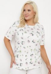 Biały T-shirt Koszulka z Krótkim Rękawem w Kwiaty Nleessa. Białe bluzki damskie Born2be, plus size, bez wzorów, z jeansu, bez kołnierzyka. Za 19.99 zł.