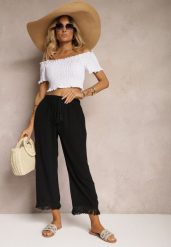 Czarne Szerokie Spodnie High Waist z Gumką w Pasie Jolfea. Czarne spodnie materiałowe damskie Renee, bez wzorów, z jeansu. Za 44.99 zł.