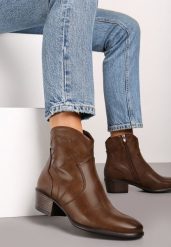 Brązowe Botki Typu Kowbojki na Obcasie z Krótką Cholewką Zinoreta. Brązowe botki damskie Renee, z dzianiny, eleganckie, bez obcasa, na obcasie, bez zapięcia. Za 149.99 zł.
