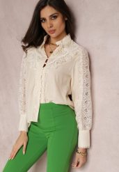 Jasnobeżowa Koszula Meridtila. Brązowe koszule damskie Renee, m, z aplikacjami, z koronki, eleganckie, bez kołnierzyka, bez ramiączek. Za 79.99 zł.
