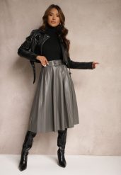 Szara Plisowana Spódnica w Stylu Preppy o Rozkloszowanym Kroju High Waist z Paskiem Iriviel. Szare spódnice damskie Renee, na co dzień, s, bez wzorów, eleganckie, midi. Za 79.99 zł.
