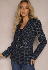 Czarno-Granatowa Tweedowa Marynarka Dwurzędowa Zapinana na Biżuteryjne Guziki Nallet. Czarne marynarki i żakiety damskie Renee, l, bez wzorów, eleganckie. Za 209.99 zł.