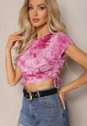 Fuksjowy Wiskozowy T-shirt ze Wzorem Tie-Dye z Wiązaniami po Bokach Iriandella. Czerwone t-shirty damskie Renee, m, bez wzorów, z wiskozy, bez kołnierzyka. Za 39.99 zł.