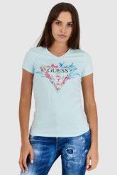 GUESS Błękitny t-shirt damski z logo z liśćmi i cyrkoniami, Rozmiar L. Niebieskie t-shirty damskie Guess, l, z aplikacjami, bez kołnierzyka. W wyprzedaży za 119.99 zł.