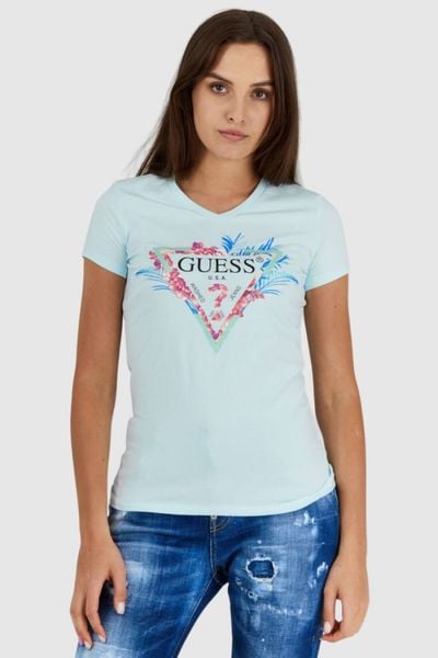 GUESS Błękitny t-shirt damski z logo z liśćmi i cyrkoniami, Rozmiar L. Niebieskie t-shirty damskie Guess, l, z aplikacjami, bez kołnierzyka. W wyprzedaży za 102.99 zł.