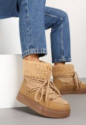 Brązowe Śniegowce Futerkowe na Platformie ze Sznurowaną Cholewką Izalithia. Brązowe śniegowce damskie Renee, z futra. Za 99.99 zł.