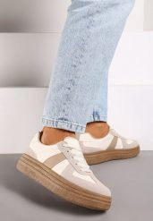 Ciemnobeżowe Sneakersy na Niskiej Platformie z Materiałowymi Wstawkami Xeonbia. Brązowe obuwie sportowe damskie Born2be, z materiału, bez zapięcia. Za 109.99 zł.