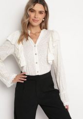 Beżowa Wiskozowa Koszula z Haftowanej Tkaniny z Falbankami Emsley. Brązowe koszule damskie Born2be, bez wzorów, z jeansu, eleganckie, bez kołnierzyka, bez ramiączek. Za 139.99 zł.