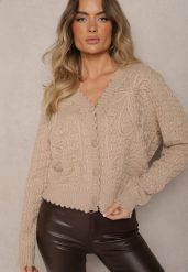 Beżowy Kardigan w Stylu Oversize z Guzikami i Ozdobnymi Tłoczeniami Palabia. Brązowe kardigany damskie Renee, bez wzorów. Za 159.99 zł.