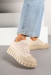 Beżowe Sneakersy Vices na Platformie z Tłoczeniem Ozdobione Perforacją Leaniael. Brązowe obuwie sportowe damskie Renee, z jeansu, bez zapięcia. Za 79.99 zł.