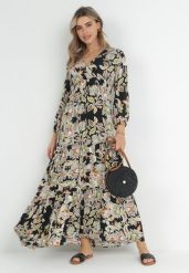 Czarno-Beżowa Rozkloszowana Sukienka Oversize w Kwiaty Kylia. Czarne sukienki damskie Born2be, bez wzorów, bez ramiączek. W wyprzedaży za 67.99 zł.