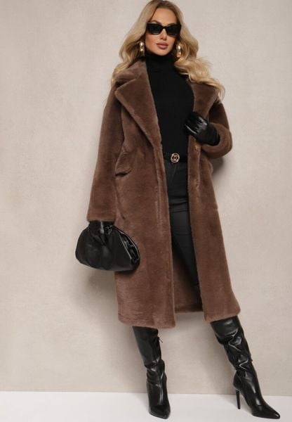 Brązowy Płaszcz z Futra z Zapięciem na Guziki i Wsuwanymi Kieszeniami Paritha. Brązowe płaszcze damskie Renee, m, bez wzorów, bez kaptura. Za 289.99 zł.