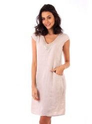 Lin Passion Lniana sukienka w kolorze beżowym rozmiar: 38/40. Brązowe sukienki damskie Lin Passion, z aplikacjami, klasyczne, bez ramiączek. Za 130.99 zł.